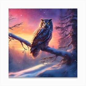 Resting Owl against a Red Sky in the Winter Forest Canvas Print