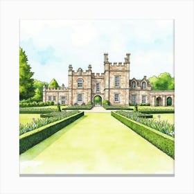 Watercolor View Of The Belsay Hall In Northumberland, Highlighting Its Classical Architecture And Scenic Gardens Canvas Print