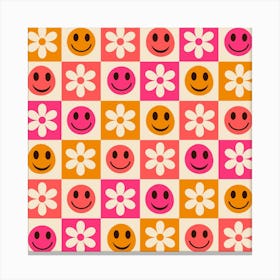 Checkered Colorful Smiling Faces with Flowers Canvas Print