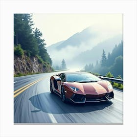 Sleek Supercar On A Misty Mountain Road, Watercolor Painting 1 Canvas Print