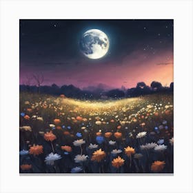 A Natural Flower Field With The Big Moonlight Fall Xl Canvas Print