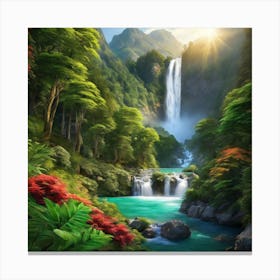 Waterfall in Valley Surrounded and Sun, Landscape Canvas Print