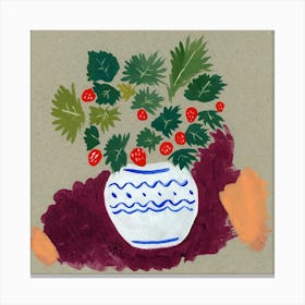 Strawberries In A Vase - floral square beige naive Canvas Print