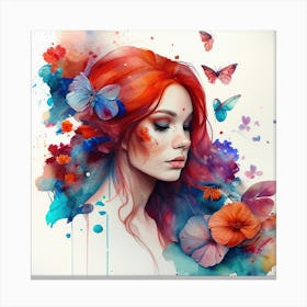 Watercolor Floral Red Hair Woman #4 Canvas Print