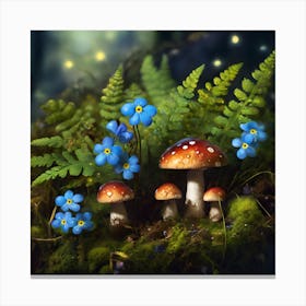 Miniature Ferns, Fireflies and Forget-me-nots with Forest Funghi Canvas Print