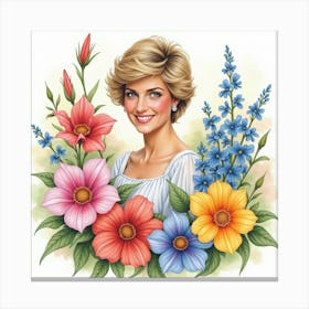 Watercolor Princess Diana With Vibrant Garden Flowers 1 Canvas Print