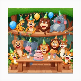 Birthday Party In The Jungle - A group of jungle animals are having a party in a treehouse. The animals are all different shapes and sizes, and they are all wearing funny hats and costumes. The treehouse is decorated with balloons and streamers, and there is a big cake in the middle of the table. The animals are all laughing and having a good time. 2 Canvas Print