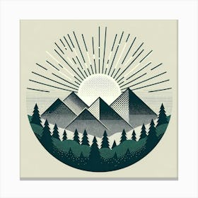 "Radiant Summit"   A sunburst pattern illuminates a stylized mountain range, creating a striking contrast of light and shadow. The halftone textures and monochromatic palette give a vintage feel to this modern design, capturing the timeless allure of the great outdoors. It's a graphic homage to the beauty of dawn breaking over a silent, slumbering forest. Canvas Print
