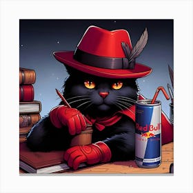 A Black Cat With A Red Hat Drinking A Red Bull Energy Drink 3 Canvas Print