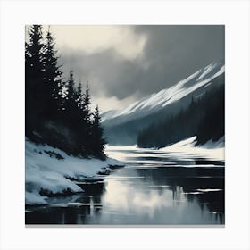 A Scottish Winter Landscape, Fir Trees on the Loch Canvas Print
