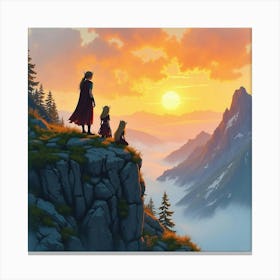 Watercolor Of Elves Watching The Sunrise From A High Mountain Peak Canvas Print