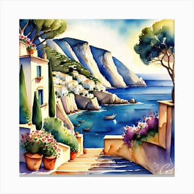 Watercolor Of A Seaside Village Canvas Print