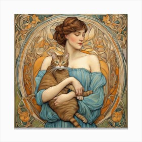 Woman with her Beloved Cat in Style of Art Nouveau 4 Canvas Print