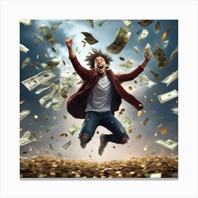 Happy Young Man Jumping With Money Canvas Print