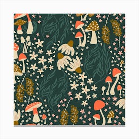 Mushroom Pattern With Flowers On Green Square Canvas Print