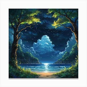Enchanted Nighttime Vista at a Secluded Beach Framed by Forest Trees Canvas Print