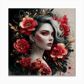 Girl With Red Flowers Canvas Print