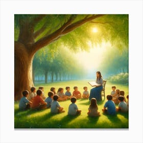 Storytime Under The Tree Wall Print Art A Charming Scene Of A Teacher Reading To Children Outdoors, Perfect For Fostering A Love Of Learning And Nature In Any School Space Canvas Print