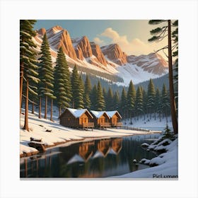 Forest wooden huts tree pine reveir snow Canvas Print