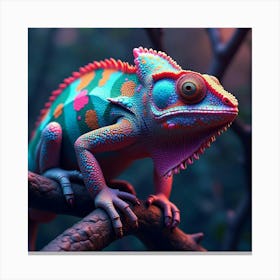 A Mythical Chameleon With Scales Of Shifting, Neon Colors Blending Into A Surreal Jungle Canvas Print