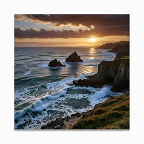 Dramatic Coastal Scene With Crashing Waves Against Rugged Cliffs Canvas Print