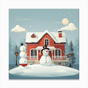 Snowman In Front Of House Canvas Print