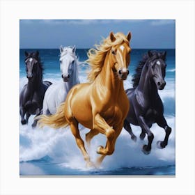 Four Horses Running On The Beach Canvas Print
