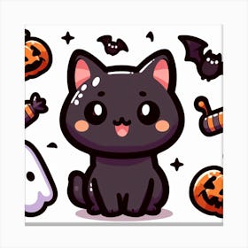 Cute Halloween black Cat - kawaii, anime, cartoon, pumpkin Canvas Print