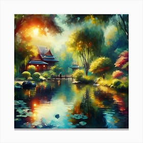 An Impressionist Style Watercolor Oil Painting Of A Tranquil Pond 1 Canvas Print