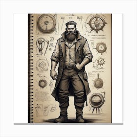 AThe image depicts a man with a long beard and a hat, wearing a brown coat and vest, standing in front of a notebook with various diagrams and illustrations. Canvas Print