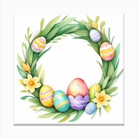 Easter Wreath With Dyed Eggs And Flowers In A Watercolor Painting Style Canvas Print