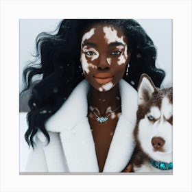 Portrait Of A Black Woman And Husky Canvas Print