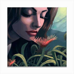 Woman smelling Venus Flytraps 2 Canvas Print