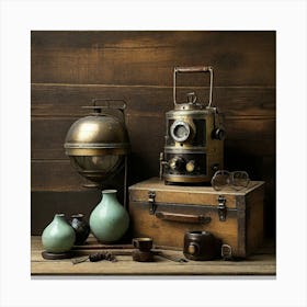 Still life photography of vintage objects on rustic wood Canvas Print