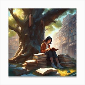 Girl Reading A Book in a tree library Canvas Print