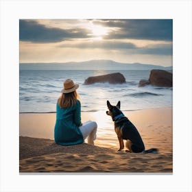 Woman And Dog On The Beach Canvas Print