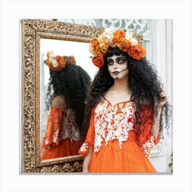 Gothic Fashion Portrait Girl With Oversized Eyes And Curly Hair Adorned With A Floral Wreath Oran Canvas Print