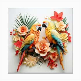 Colorful 3d Art Of Parrots Among Tropical Foliage Canvas Print