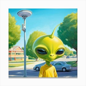 Yellow Alien With A Welcoming Demeanor Leaning On A Bus Stop Pole Suburbia In The Background Wait Canvas Print