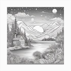 House In The Mountains Doodle Landscape Canvas Print