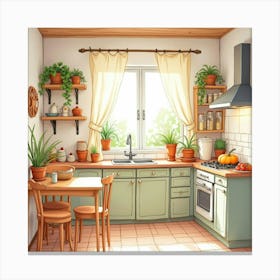 Cozy Kitchen Watercolor Scene, Warm And Cheerful Tones 1 Canvas Print