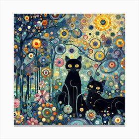 Black Cat In A Garden, Klimt Style Canvas Print