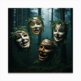 3d Masks Suspended In Mid Air One Symbolizing Tragedy With A Tear Streaked Visage Other Embodying Canvas Print