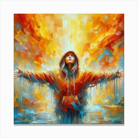 Abstract painting A stunning expressionist painting with a vibrant color palette dominated by orange, reds, and yellows. The thick, loose brushstrokes create a sense of movement and energy, with visible paint drips and spatters adding to the overall texture. The focal point is a young girl wearing a hoodie, her arms outstretched as if embracing the world. The background is a dreamlike, impressionistic landscape with distorted perspectives, showcasing a dynamic interplay of colors and shapes. The overall atmosphere is vivid, dynamic, and full of life.. Canvas Print