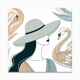 The Woman In The Hat And The Swans - Pastell Color Minimal Illustration Canvas Print