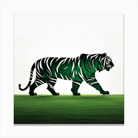 Royal Bengal Tiger Rendered In A Minimalist Silhouette Cutting Through Vibrant Green Grass Against Canvas Print