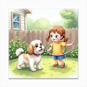 A Shih Tzu And A Young Girl Playing With A Hula Hoop In The Yard, Watercolor Canvas Print