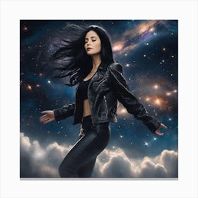 Create A Cinematic Scene Where A Mysterious Woman In A Black Leather Jacket Floats Gracefully Through The Cosmos, Surrounded By Swirling Clouds Of Stars And Galaxies 2 Canvas Print