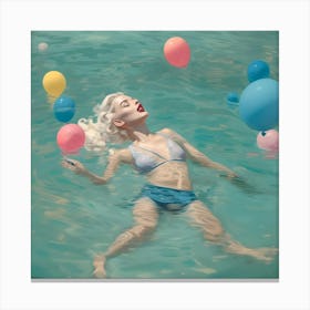 Blonde Woman Floating in Water With Ballons Canvas Print