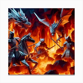 Depict Imaginative Scene Of Origami Samurai Warriors And Dragons Sculpted From Silvery Metal Sheets In Fiery Volcanic Settings Highlighted By Dynamic Folds And Lighting 1 Canvas Print